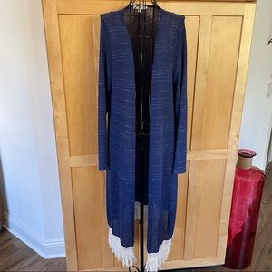 Nabee blue long sleeve open duster with cream hem fringe Top size Large